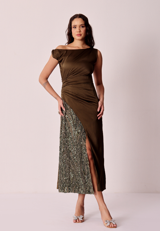 Olive Lumière Drape Dress