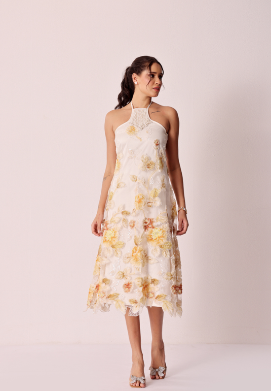 Golden Blossom Halter Dress