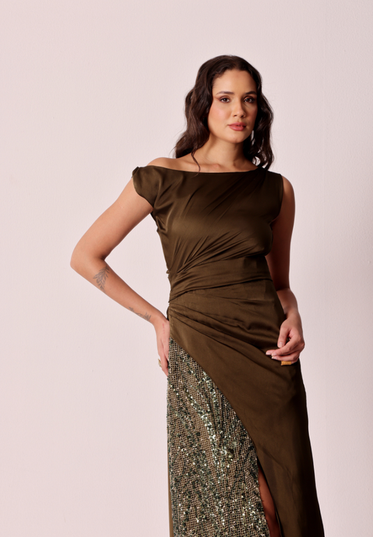 Olive Lumière Drape Dress