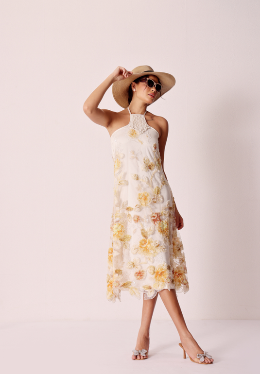 Golden Blossom Halter Dress